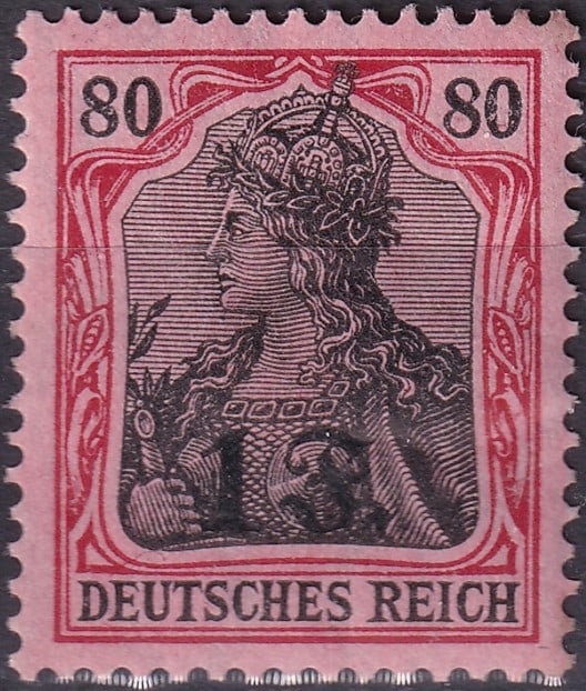 German Occupation of Belgium 1916 Stage Area West Overprint 1fr Germania Scott BE N24: Issued on December 1 1916 this high value 1 franc definitive from the German occupation of Belgium belongs to the “Etappengebiet West” or Stage Area West series produced for military postal us