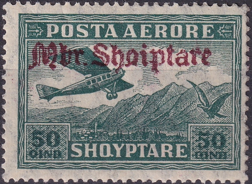 Albania 1929 Airmail Adria Aero-Lloyd Scott AL C22, Michel AL 210: This rare Albanian airmail stamp, issued on December 1, 1929, belongs to the celebrated Adria Aero-Lloyd series, created to highlight the development of international aviation in the interwar period.
