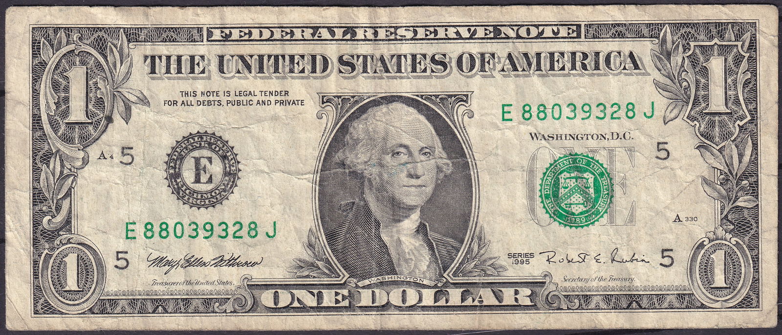 USA 1995 $1 Federal Reserve Note – Serial E88039328J (1 of 2)