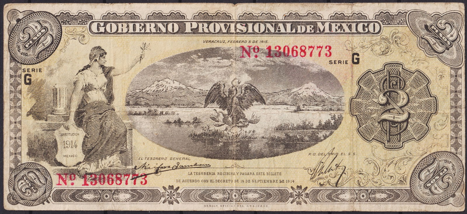 Mexico 1915 Provisional Government 2 Pesos Banknote, Veracruz Issue, Series G, No. 13068773 (1 of 2)