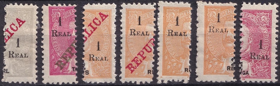 1911 Portuguese India 1R Overprint Set of 7 Types – Scott PT-IN 260C/261/283 Varieties MNH/Unused: Fascinating specialist lot of seven 1911 provisional overprints from Portuguese India, each denominated “1 Real” over earlier monarchy issues depicting King Carlos I, with various “REPUBLICA