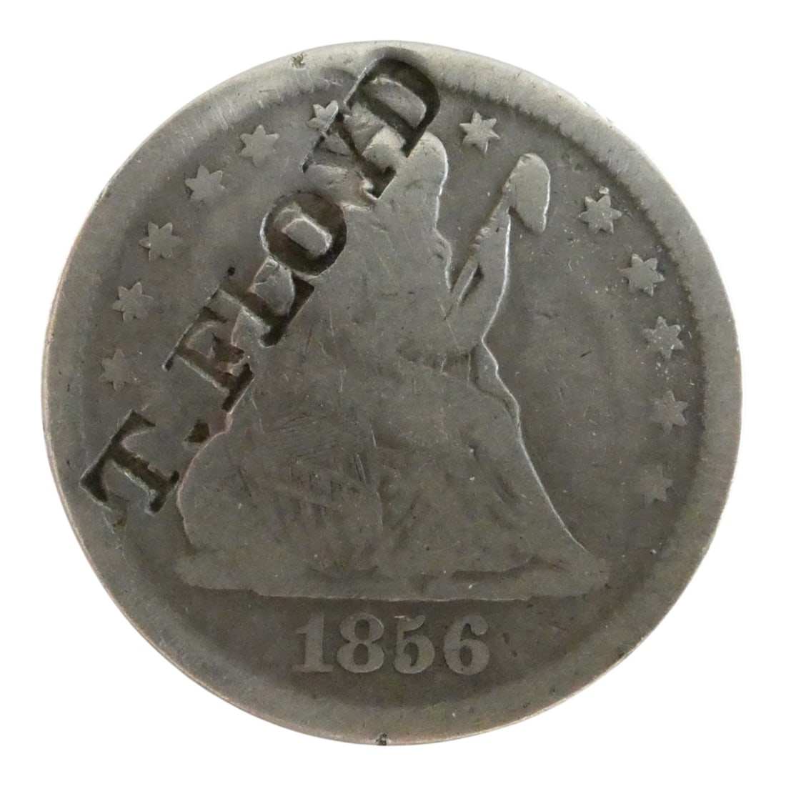 1856 US Seated Liberty Quarter with "T. FLOYD" Countermark in Silver (1 of 3)