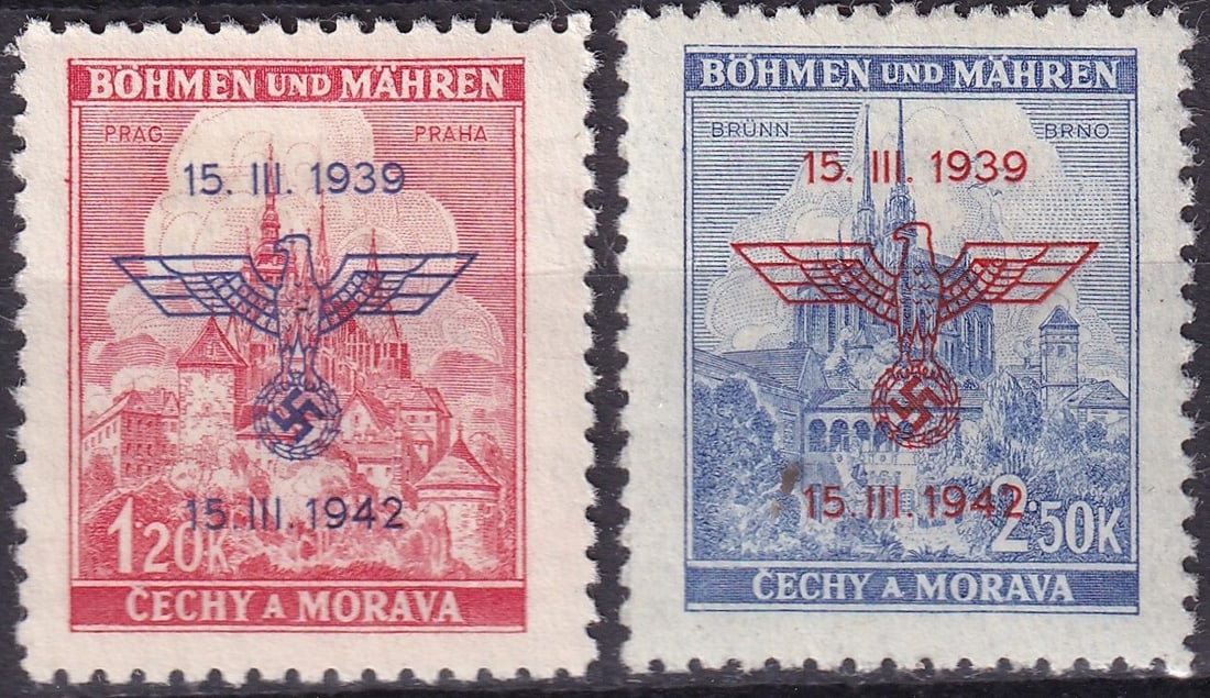 1942 Bohemia Moravia Protectorate Anniversary Set Michel DE-BM 83 84: This lot comprises the complete two-value commemorative set issued by the Protectorate of Bohemia and Moravia on 15 March 1942 to mark the third anniversary of the establishment of the Protectorate. T
