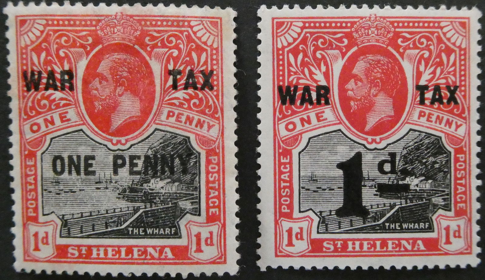 1916 St Helena War Tax 1d, Black & Carmine, SG 87 Pair, MNH: A mint never hinged (MNH) pair of War Tax stamps from St. Helena, issued in 1916 during the reign of King George V. These overprinted 1d stamps (Stanley Gibbons SG 87) feature the original black and c