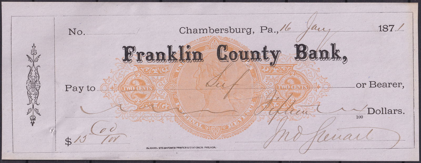 United States 1871 Franklin County Bank, Chambersburg Check RN-C1 Orange Revenue Imprint (1 of 3)