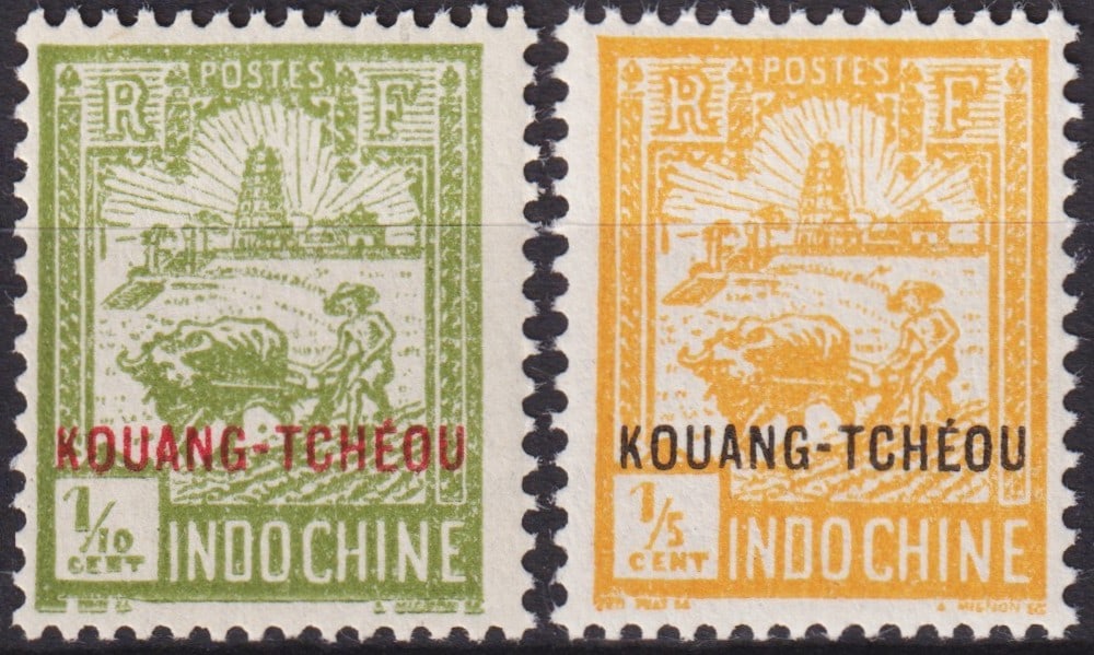 French Kouang-Tcheou 1927 Overprinted Indochina Scott 75–76 MNH Pair: Issued in 1927 for the French post office in Kouang-Tcheou, these overprinted definitives derive from the Indochina pictorial series designed by Abel Mignon with motifs engraved by Tôn Th?t Sa. The o