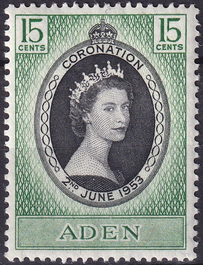 Aden 1953 Coronation of Queen Elizabeth II 15 Cents Green and Black (SG 47, Mi 48): Issued on 2 June 1953, this elegant commemorative from the British Crown Colony of Aden celebrates the Coronation of Queen Elizabeth II, marking the beginning of a new Elizabethan era within the Briti