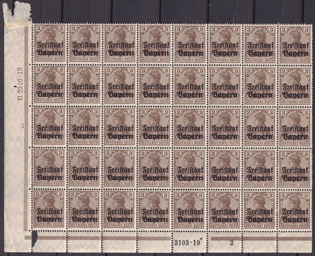 1919 Bavaria Freistaat ovpt Germania 3pf sheet, Scott DE-BY 177: Issued by the Free State of Bavaria on September 30, 1919, this typographed definitive stamp features a black-brown overprint reading "Freistaat" on the earlier German Empire Germania series originall