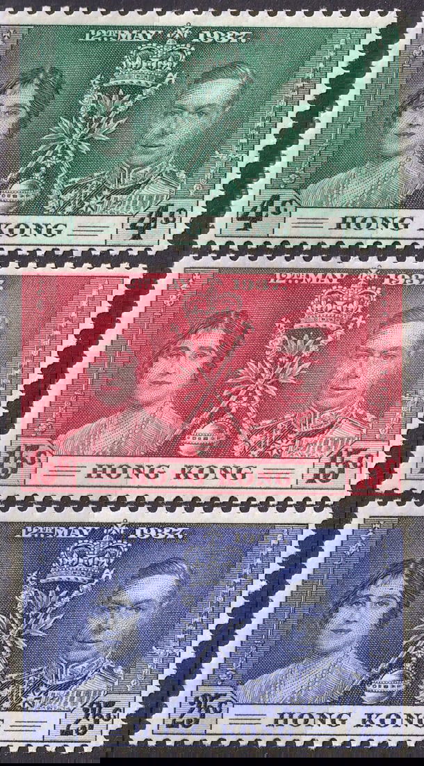 Hong Kong 1937 Coronation of King George VI and Queen Elizabeth (SG 137–139, Mi 136–138) (1 of 2)