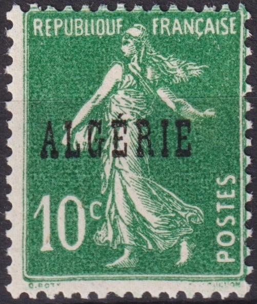 1925 Algeria 10c Sower Green Overprint “ALGERIE?? Scott 8 DZ#7: Issued in January 1925 and listed as Scott 8 / Michel DZ 7, this overprinted definitive stamp of Algeria derives from the renowned French “Semeuse” (Sower) design by Louis Oscar Roty, engraved