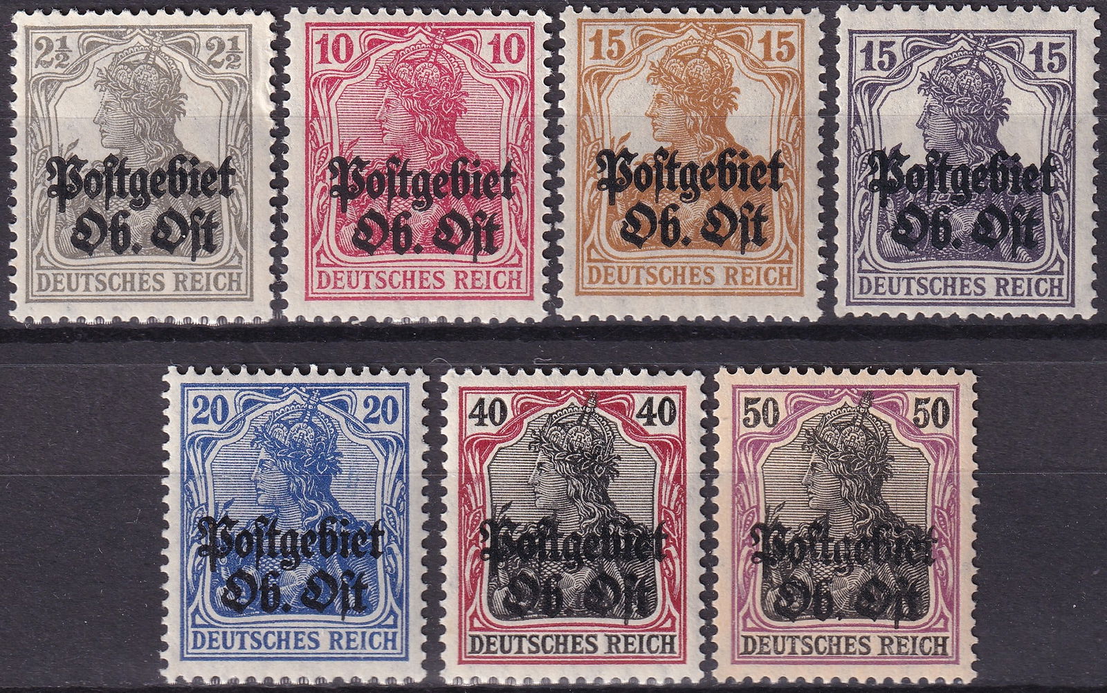 1916 German Occupation of Russia “Postgebiet Ob. Ost?? Overprints Set (Scott N1–N7): Issued in 1916 under the administration of the German Eastern Command (Ober Ost) during the occupation of western Russia, this complete set of seven definitive stamps features the iconic “Germania&r