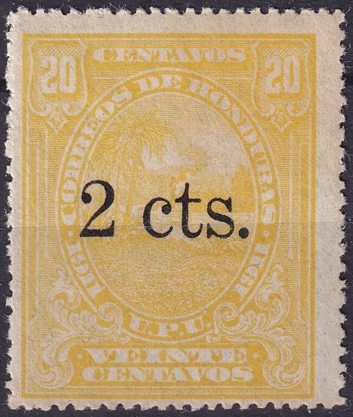 Honduras 1913 2c Black Surcharge on 20c Yellow, Scott #144: This rare postage stamp originates from Honduras, issued in 1913 as part of the surcharged series on the earlier 1911 issue. The base design, originally denominated 20 centavos in yellow, features a f