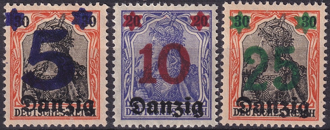 Danzig 1920 Germania Overprints, 5pf, 10pf, 25pf – Michel DA 16–18: Issued by the Free City of Danzig between 1920 and 1922, these overprinted and surcharged German Empire Germania issues reflect the city’s transition after World War I under League of Nations mandat