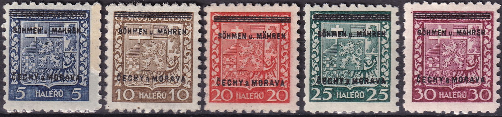 1939 Bohemia and Moravia Coat of Arms Overprints Complete Set Michel DE-BM 1–5: This lot comprises a complete early definitive overprint group from Bohemia and Moravia issued on 15 July 1939, shortly after the establishment of the Protectorate following the dissolution of Czechos