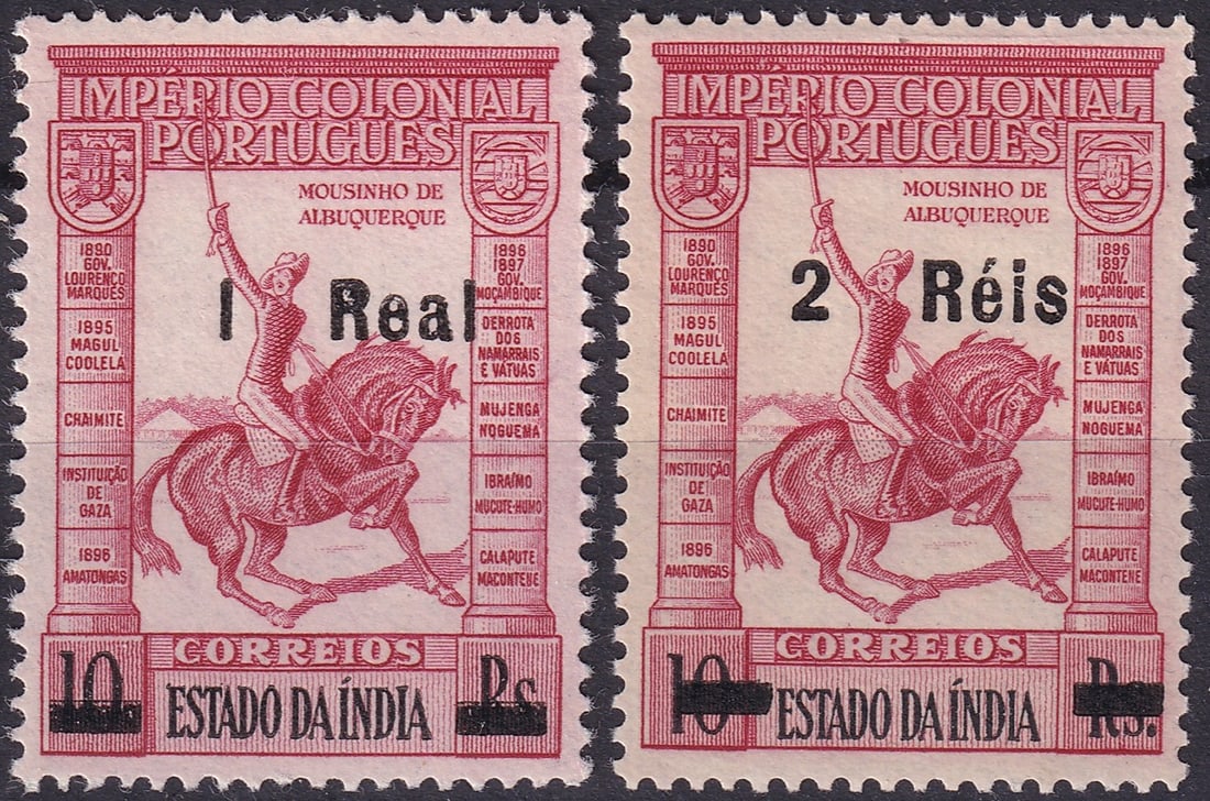 Portuguese India Colonial Empire Rare Overprint Pair 1–2 Réis, Scott 492–493 MNH: Issued in 1950 under Portuguese colonial administration in India, this attractive mint never hinged pair features the iconic design of Mouzinho de Albuquerque on horseback, a celebrated military offic