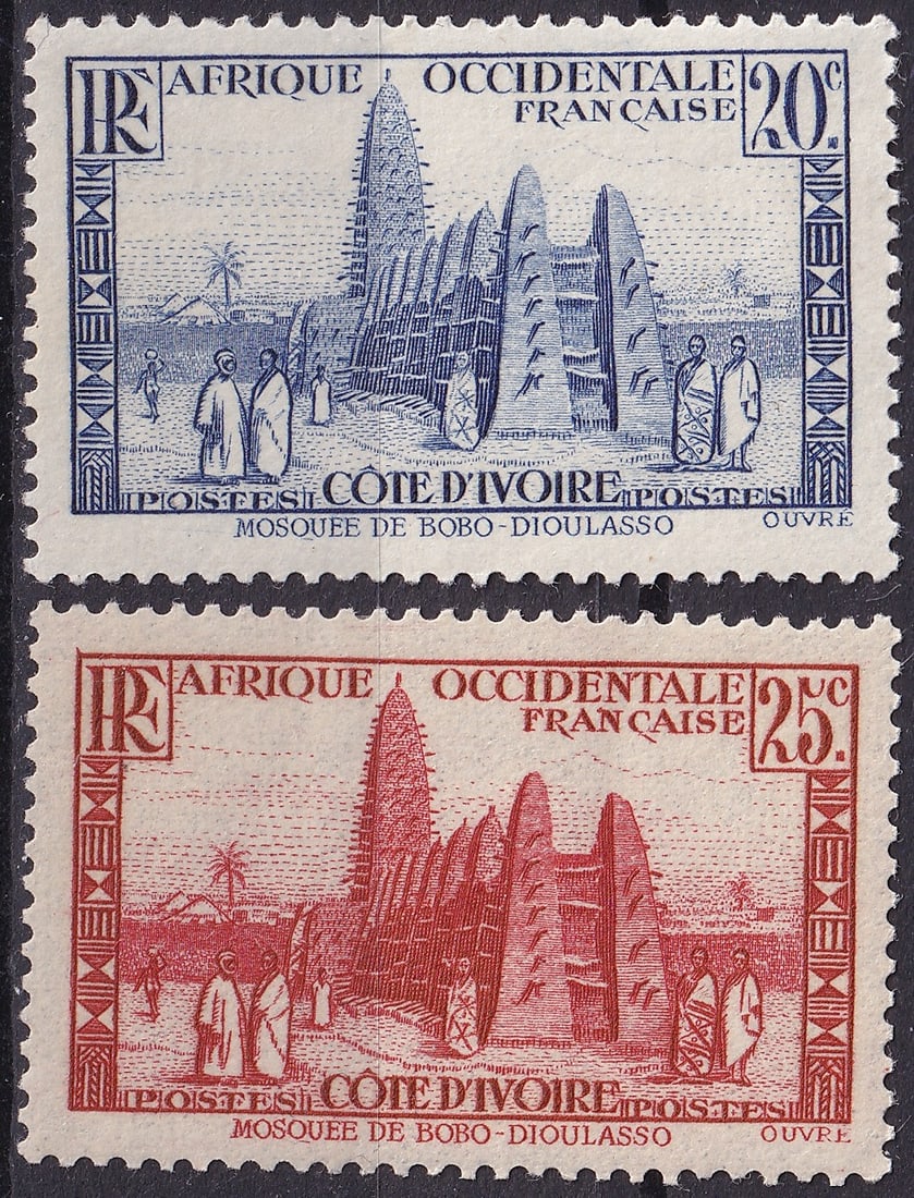 Ivory Coast (Cote dIvoire) 1936 “Mosquée de Bobo-Dioulasso?? 20c & 25c (Scott CI 119–120): Issued on October 19, 1936, under the administration of French West Africa (Afrique Occidentale Française), this exquisite pair of engraved definitive stamps showcases the famous mud-brick mosque of