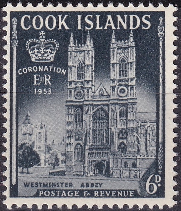 Cook Islands 1953 Coronation of Queen Elizabeth II 6d Slate Gray (Scott CK 146): Issued on May 25, 1953, this 6 pence commemorative from the Cook Islands honors the coronation of Queen Elizabeth II, an event that marked the dawn of a new Elizabethan era across the Commonwealth. Pr