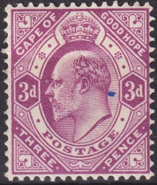 British South Africa 1903 King Edward VII 3d Red Violet Scott #67: Issued in April 1903 under British administration, this Cape of Good Hope definitive stamp features the portrait of King Edward VII in an ornate frame design, surmounted by a crown. Printed by De La R