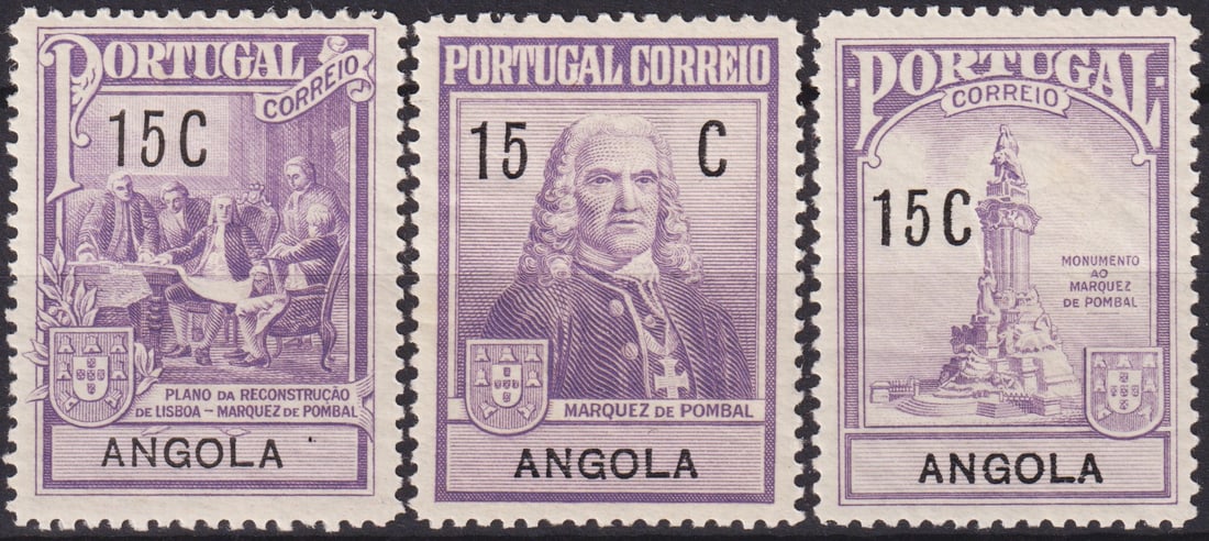 Angola 1925 Inauguration of Pombal Monument, 15c, Scott RA1-RA3: Issued in 1925 to commemorate the inauguration of the Monument to Sebastião José de Carvalho e Melo, the Marquês de Pombal, this scarce colonial Angola set of three postal tax stamps (Scott RA1-RA3