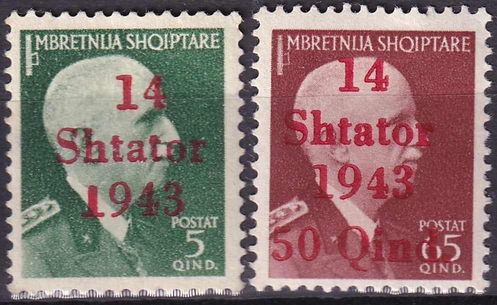 Albania 1943 German Occupation Overprint "14 Shtator" on King Zog, Scott AL 334, 397a: Issued in September 1943 during the German occupation of Albania, this pair of overprinted definitive stamps represents a historically significant transitional period. The base issues depict King Zog