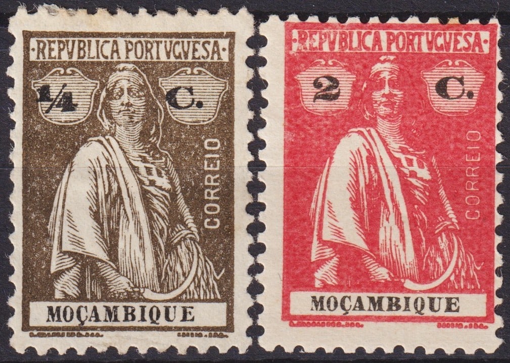 Portuguese Mozambique 1914 Ceres Issue – Scott 149, 186, Centavos Values: This lot features two classic stamps from Mozambique’s celebrated Ceres series, first issued in 1914 under Portuguese colonial administration. Designed by Constantino de Sobral Fernandes and engrave