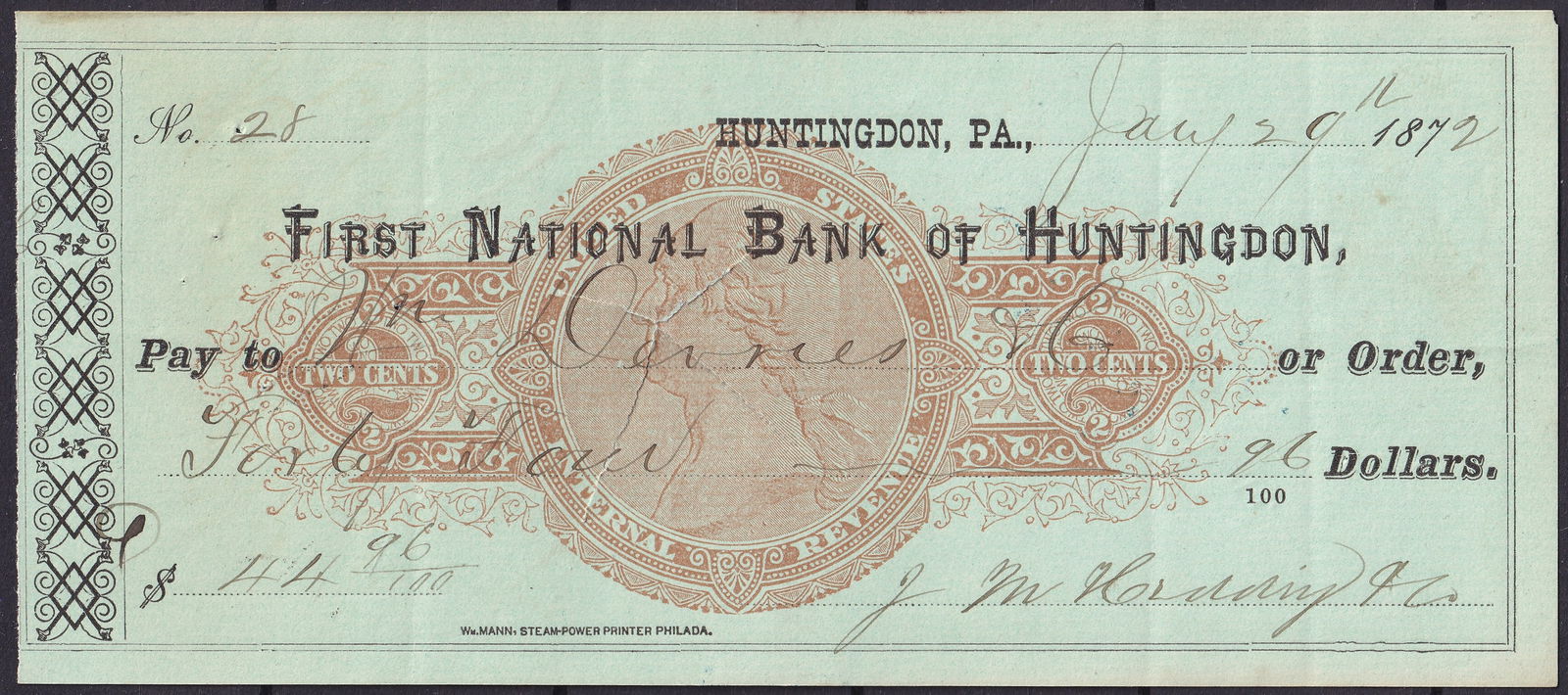 United States 1872 First National Bank of Huntingdon Check RN-C2 Brown Revenue Imprint (1 of 3)