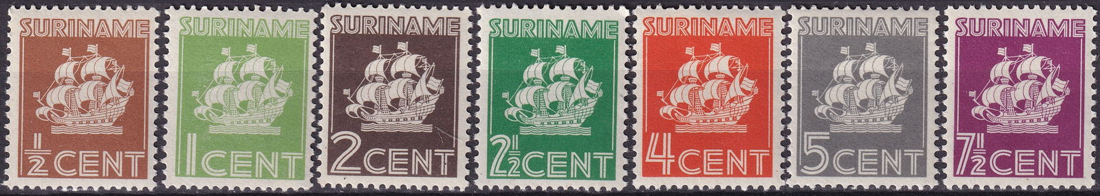 Dutch1936 Suriname Colonial Ships Definitive Scott SR 142-146 151a: This representative group originates from the Dutch colonial definitive ship issues of Suriname first released on 1 March 1936 with later wartime continuation in 1941, a series that visually expresses