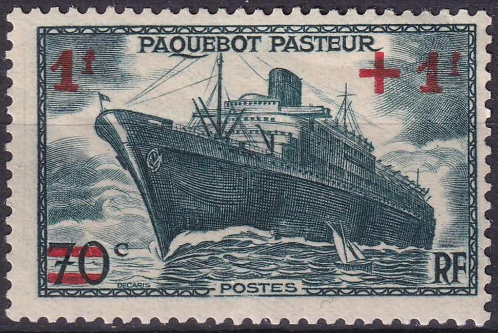 WWII 1941 France Red Cross Paquebot Pasteur Semi Postal Scott FR B114: This semi postal issue was released by France on 17 May 1941 in support of the Red Cross Seamen Relief Fund during the Second World War and remained valid until 22 September 1941. The stamp depicts th