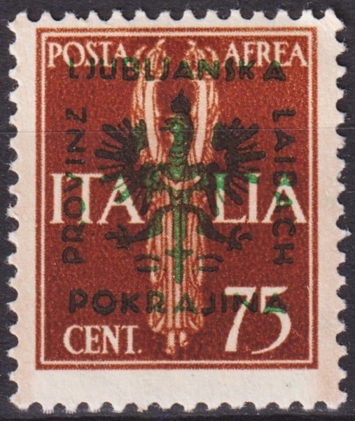 WWII 1944 Laibach Ljubljana German Occupation Airmail 75c Michel DE-LA 23: This historically significant airmail stamp originates from Ljubljana, issued during the German occupation of Slovenia in the final phase of the Second World War. The stamp belongs to the Laibach occu