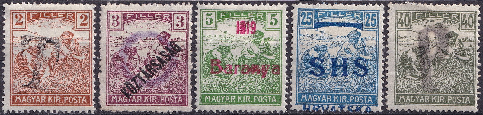 1918–1919 Hungary Occupation Reaper Overprints Scott HU 154–184: This historically important mixed occupation and postwar group originates from Hungary and adjacent territories during the immediate aftermath of World War I and the collapse of the Austro-Hungarian E