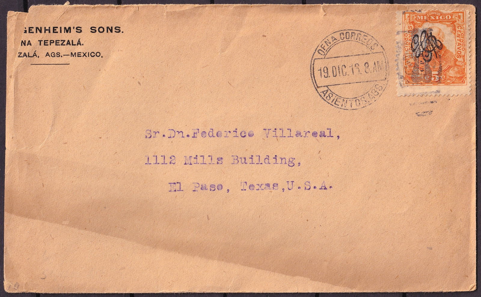 1916 Mexico Carranza 5 Centavos Provisional Overprint Commercial Cover S MX 544 (1 of 3)