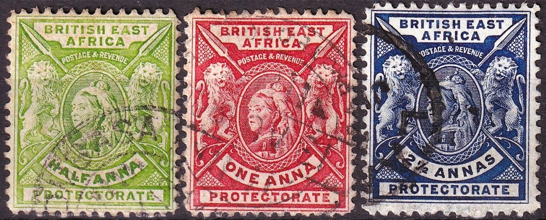 1896 British East Africa Queen Victoria Lions Scott 72 73a 76: This complete and historically significant colonial issue from the British East Africa Protectorate comprises the classic Queen Victoria and Lions series issued in 1896, representing one of the most i