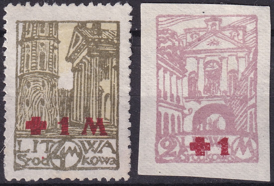 Post War 1921 Rare Central Lithuania Red Cross Semi Postal Scott B13–B14: This lot comprises the complete Red Cross Fund semi-postal surcharge series issued in Central Lithuania in 1921, consisting of the two values Scott B13 and Scott B14. Issued on 15 March 1921, these st