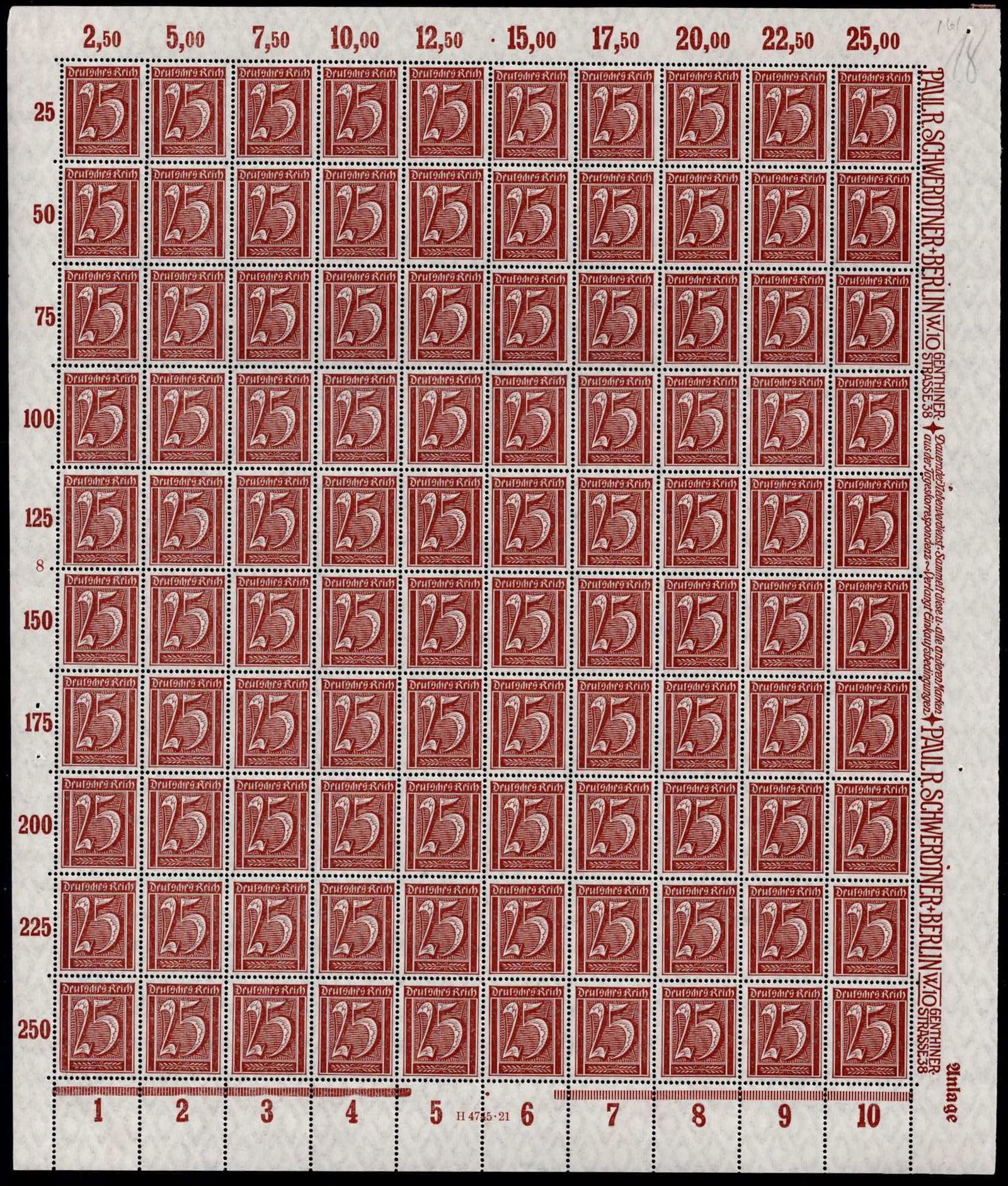 Post War 1922 German Reich Definitive Numerals Scott DE 164 Full Sheet MNH (1 of 3)
