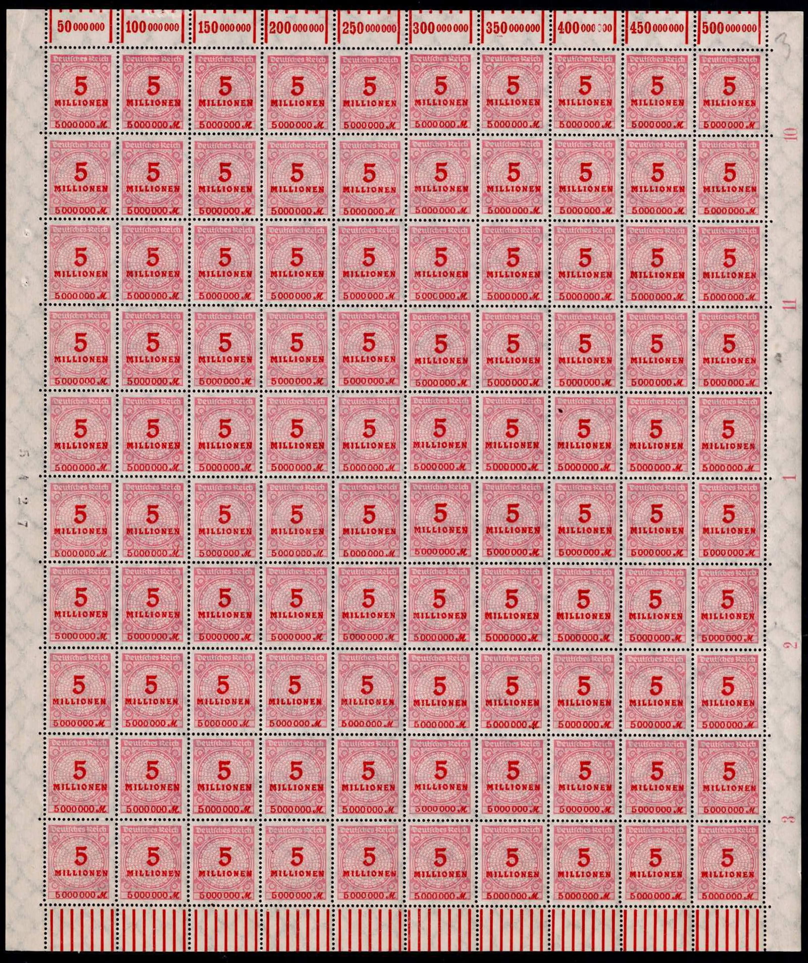 Post War 1923 German Reich Inflation 5 Million Mark Full Sheet Scott DE 317: Issued during the final and most dramatic phase of the German hyperinflation, this complete mint never hinged sheet represents the extreme monetary conditions of the Weimar Republic in late 1923. The