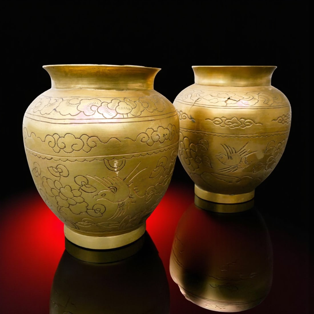 Pair of Late Qing Brass Vases with Phoenix and Peony Motifs: This matched pair of late Qing dynasty brass vases from China, each standing 14 cm high and measuring 12 cm in diameter, exemplifies the traditional decorative vocabulary of the period with precision-