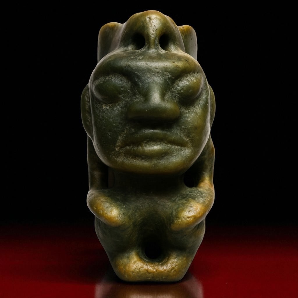 Hongshan-style jade carving, Zhulong form, Qing dynasty or earlier: This exceptional jade carving, weighing 131.49 grams and measuring 7 cm in height, is executed in the archaic Hongshan style, representing the traditional "zhulong" or pig dragon form. It is finely sc