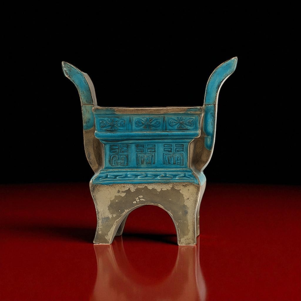 Ming Dynasty Fa Hwa Ware Quadripot Incense Burner, relief pattern, cracked handles: This rectangular incense burner, attributed to the Fa Hwa ware tradition of the Ming Dynasty (1368?1644), exhibits the distinct aesthetic sensibilities and symbolic motifs typical of the period?s ritu