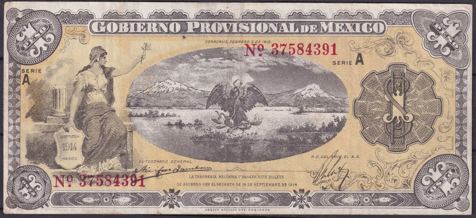 1915 Mexico Provisional Government One Peso Banknote Series A No 37584391 (1 of 2)