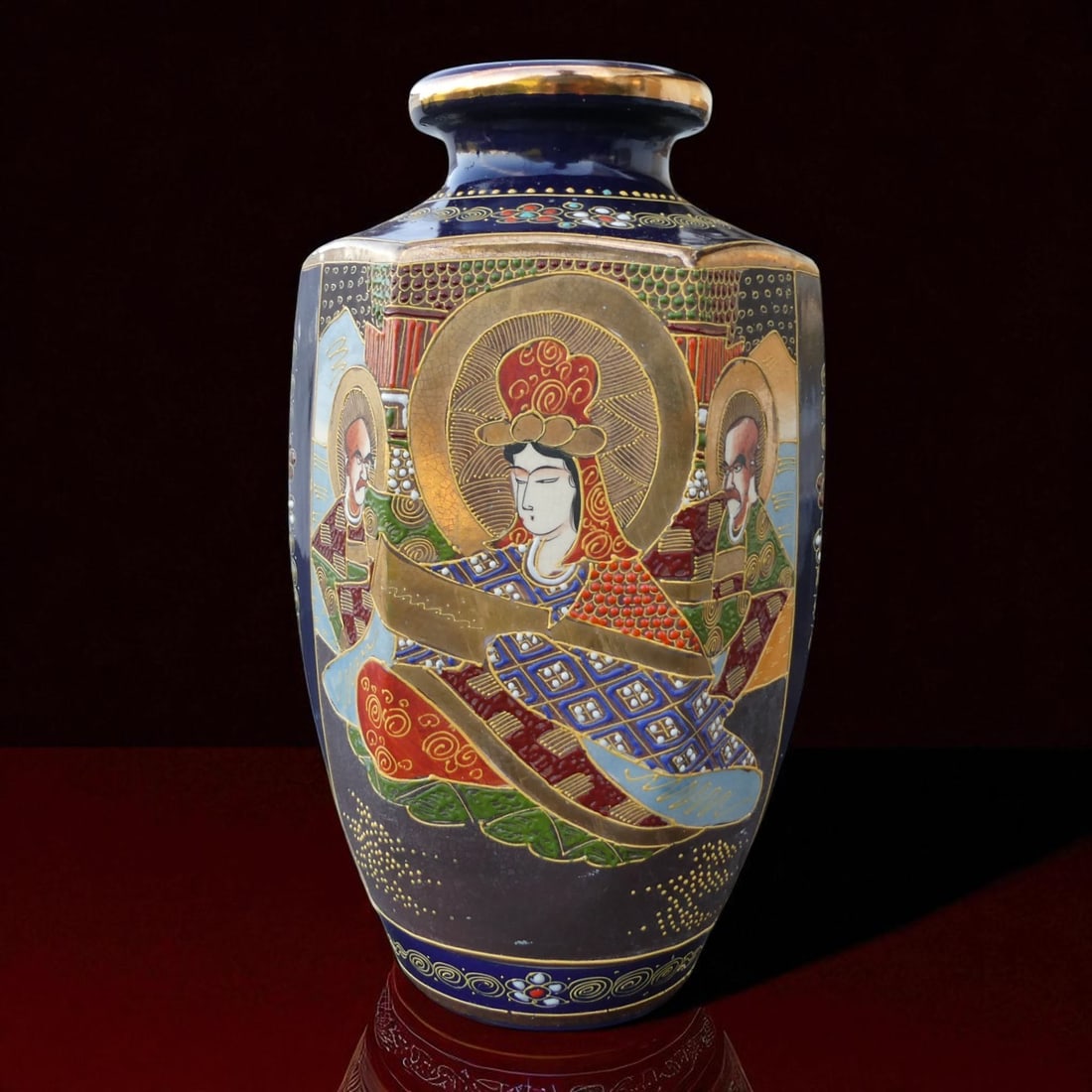 Satsuma-style polychrome vase with figural panels and gilt detailing, ca. 1920 (1 of 12)
