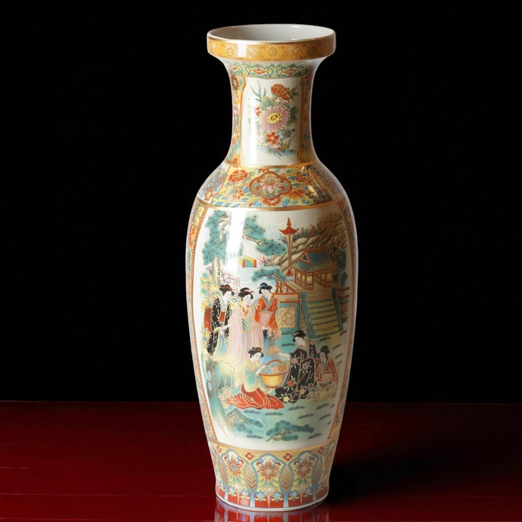 Japanese Satsuma-style Floor Vase, Polychrome Garden Scene, c. 20th Century: This large Japanese porcelain floor vase, standing approximately 61 cm tall, is a vibrant example of Satsuma-style decoration popular during the late Meiji to Showa periods of the 20th century. It fea