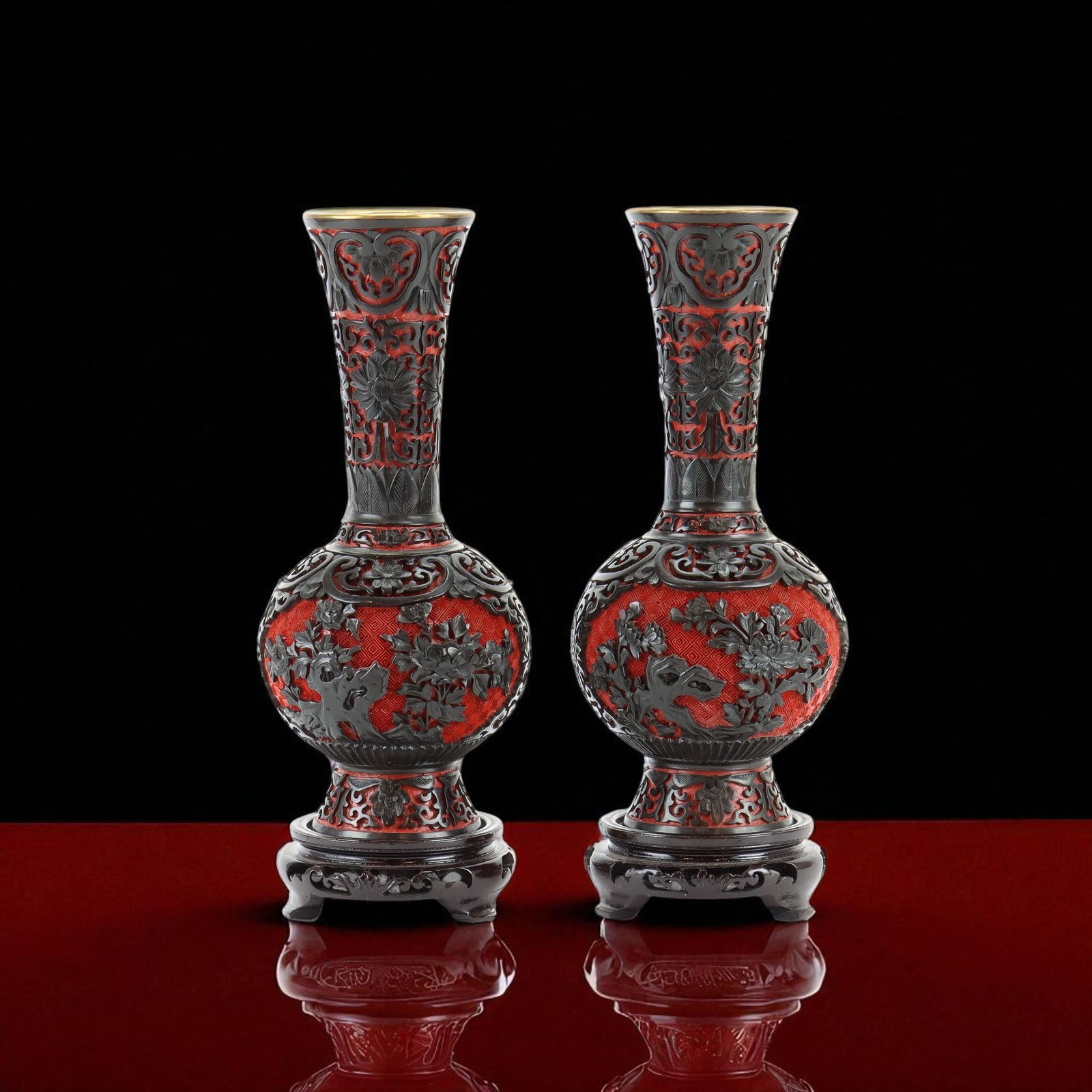 Qing Dynasty red and black lacquer porcelain vases, ca. 19th century (1 of 3)