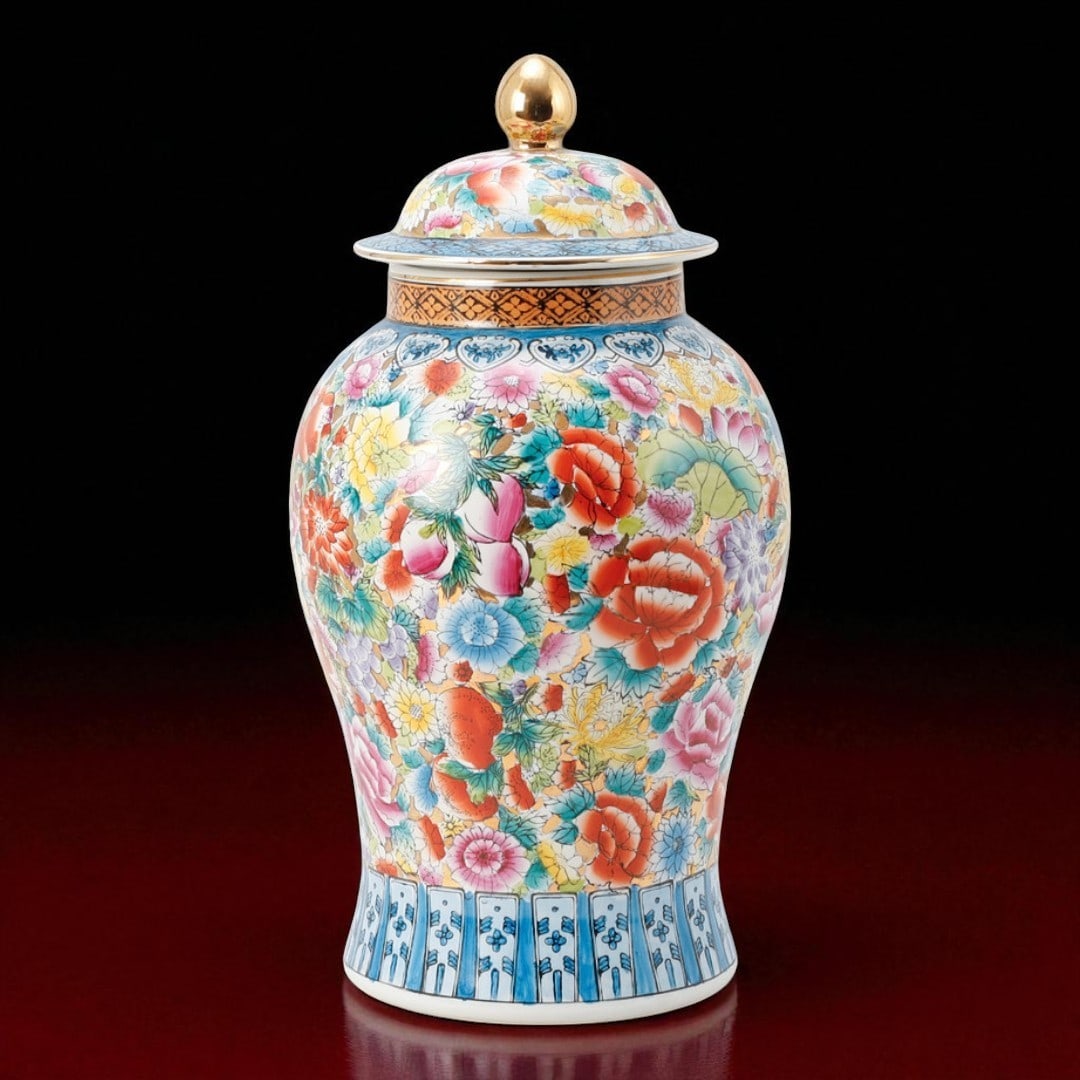 Chinese Floral Porcelain Vase with Lid, Approx. 40 cm: This exquisite Chinese porcelain vase stands approximately 40 cm tall and is adorned with a vibrant floral pattern. The decoration is composed of an intricate array of flowers, including peonies, chry
