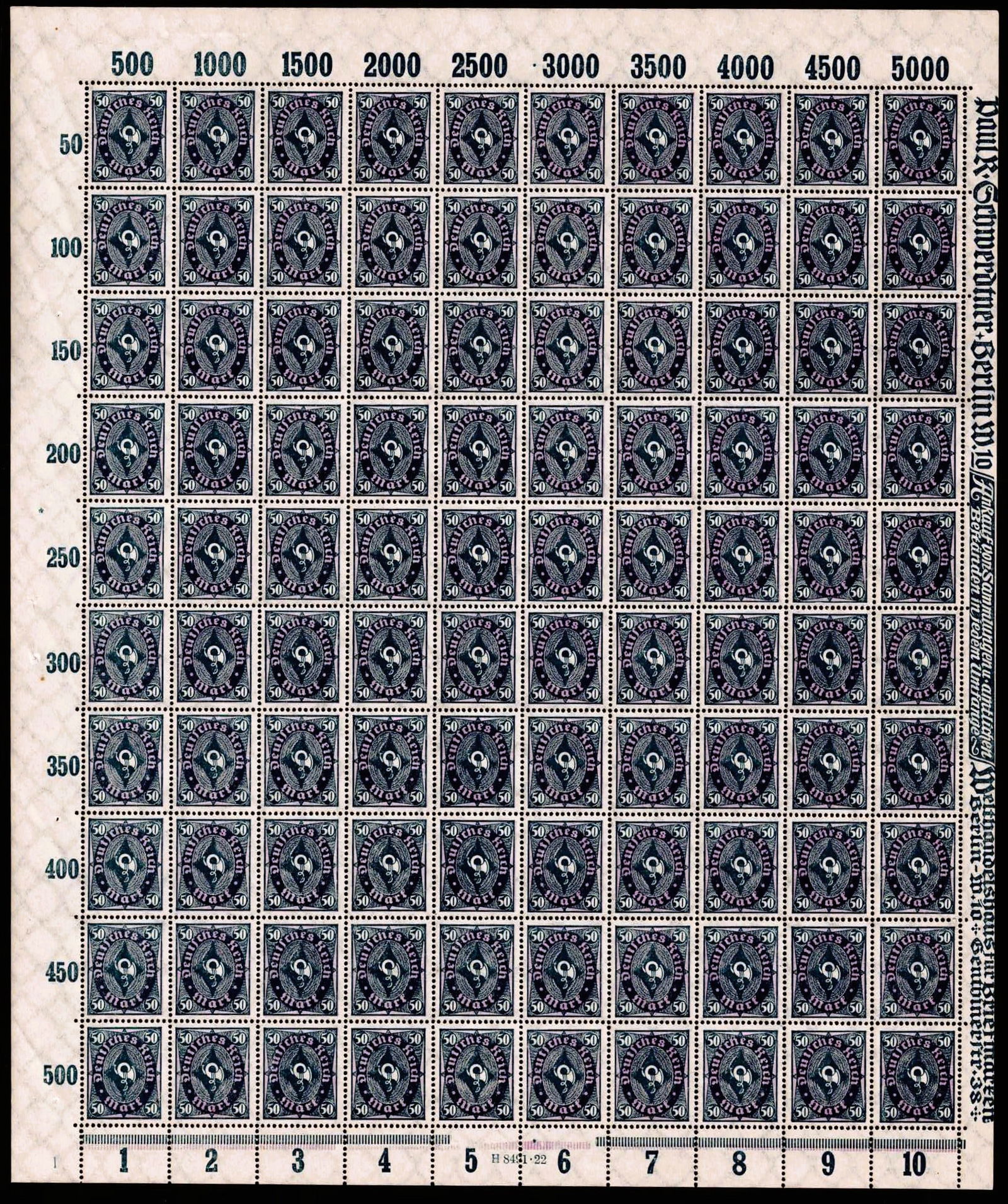 1922 German Reich Posthorn Definitive 50 Mark Scott 192: This complete mint never hinged full sheet was issued in Germany in December 1922 during the Weimar Republic period as part of the Definitives Numerals Workers and Posthorn series, a cornerstone issue