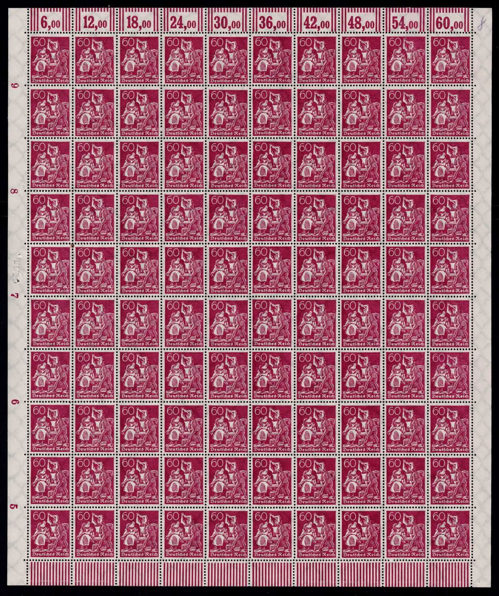 1921 German Reich Workers Definitive 60 Pfennig Scott 141: This complete mint never hinged full sheet was issued in Germany in October 1921 during the Weimar Republic period as part of the Definitives Numerals Workers and Posthorn series, a key definitive gro