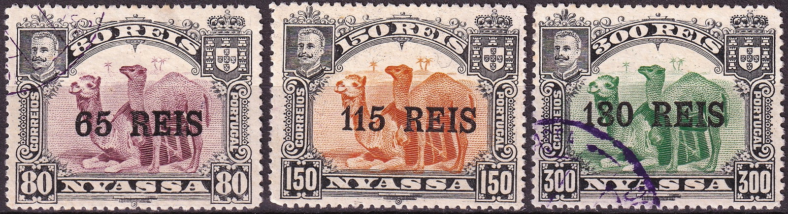 1903 Portuguese colonial Nyassa King Carlos I Camel Surcharges Scott 39–41: Issued in 1903 for the Portuguese territory of Nyassa, this small group originates from the celebrated King Carlos I camel definitive series, surcharged to meet revised postal rates during the early t