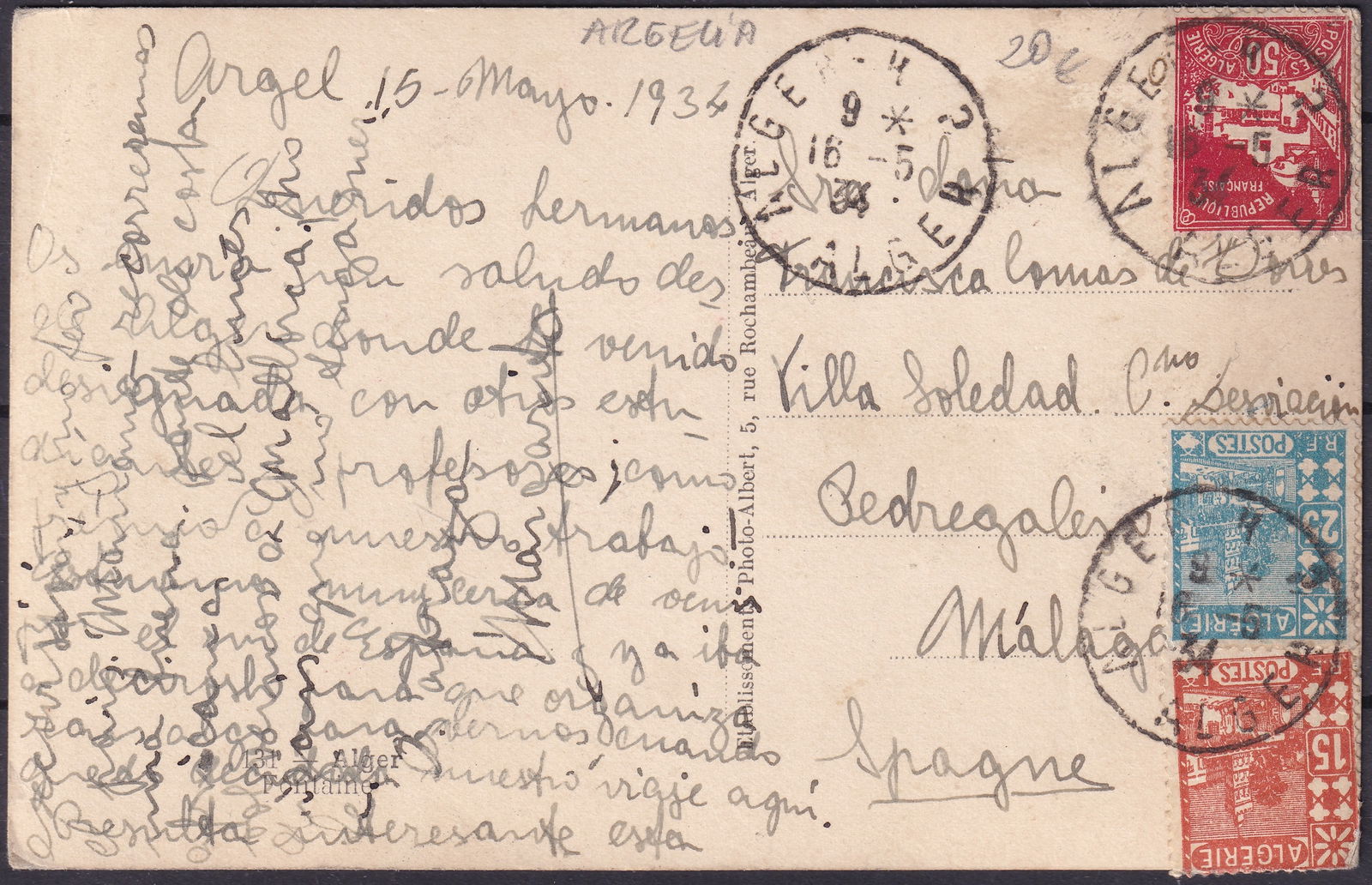 1933 French colonial Algeria Postcard Algiers Colonial Scene Scott Algeria 78 79 80: This original picture postcard from French Algeria is a postal history item mailed from Algiers and postmarked 15 May 1933, illustrating daily life in a colonial urban setting during the late interwar