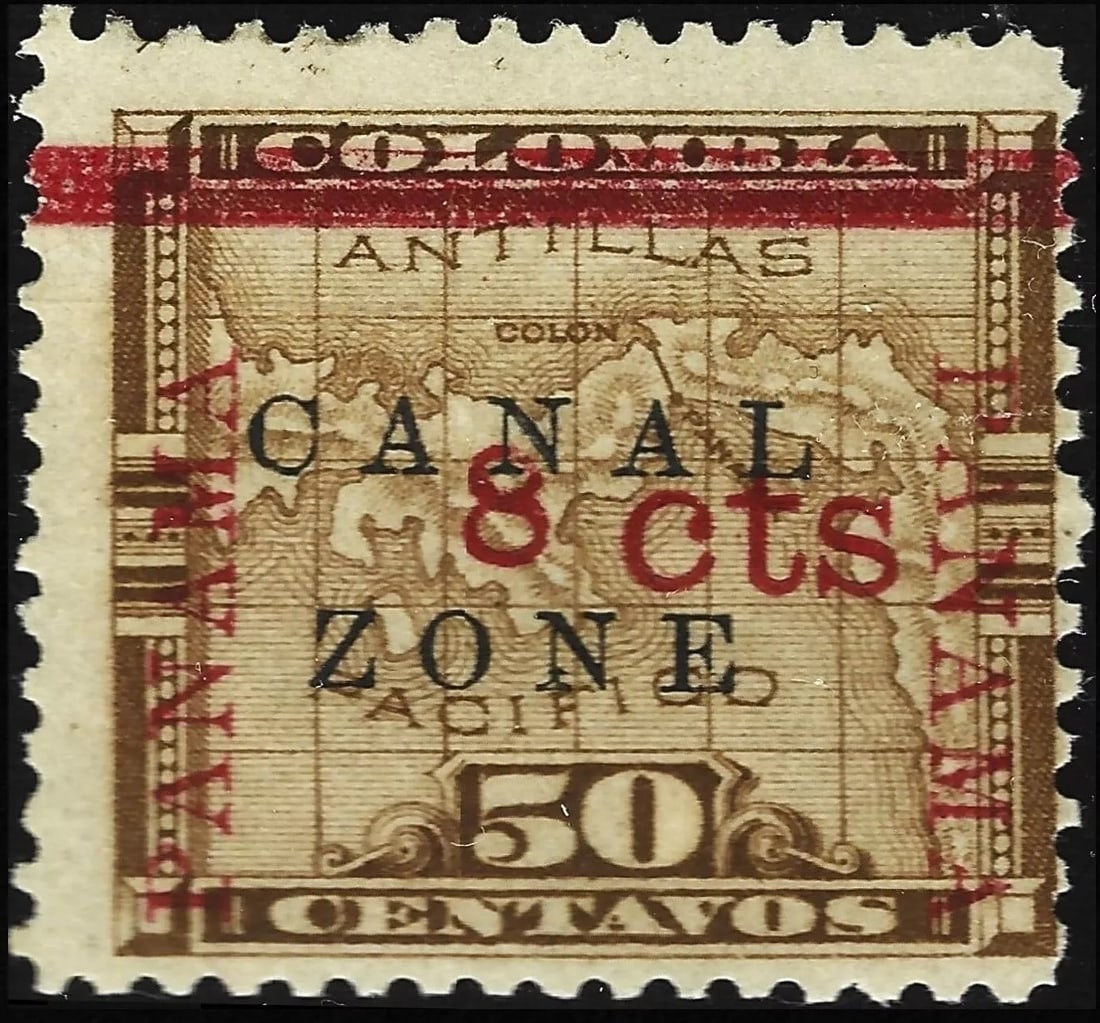 1904 Canal Zone 8c on 50c Colombia Map, Scott CZ 15, Type I Overprint (1 of 2)