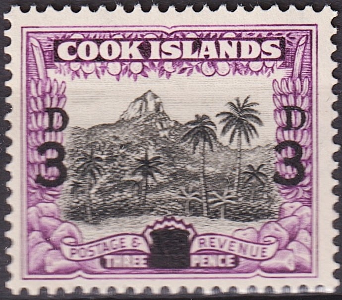 British 1940 Cook Islands 3d Local Scenes Black & Violet (Scott 115) Mint: This 1940 Cook Islands 3 pence stamp (Scott 115, Michel CK 60, SG 130, Yvert et Tellier 62) forms part of the “Local Scenes” issue and depicts a striking tropical view with palm trees and a mo