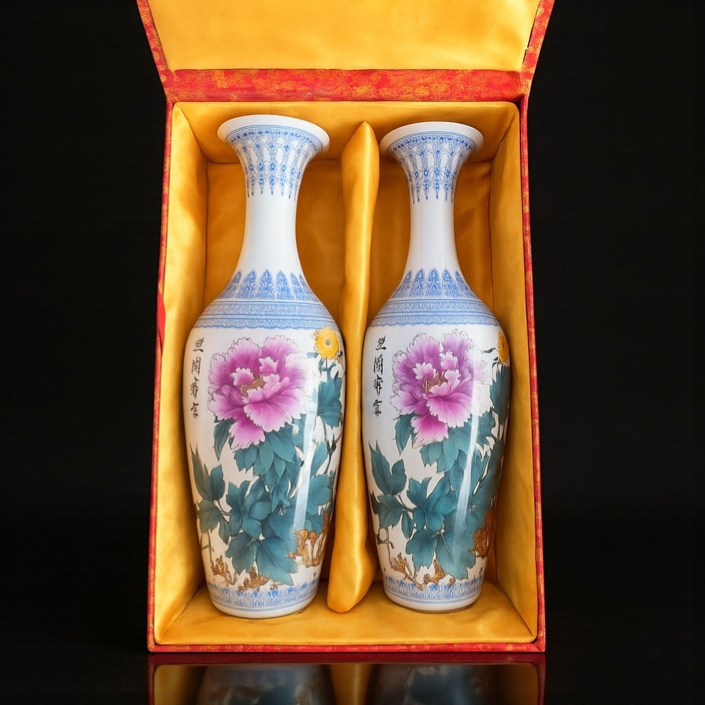 Pair of Chinese Eggshell Porcelain Vases, Blue & White with Peonies, 43 cm: This elegant pair of tall Chinese porcelain vases exemplifies the refined craftsmanship associated with modern Jingdezhen decorative wares. Each vase stands approximately 43 cm in height and is made f